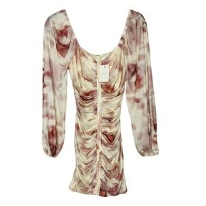 Idem‎ Ditto Pink Cream Body-Con Ruched Watercolor Dress S Sheer Spring Break